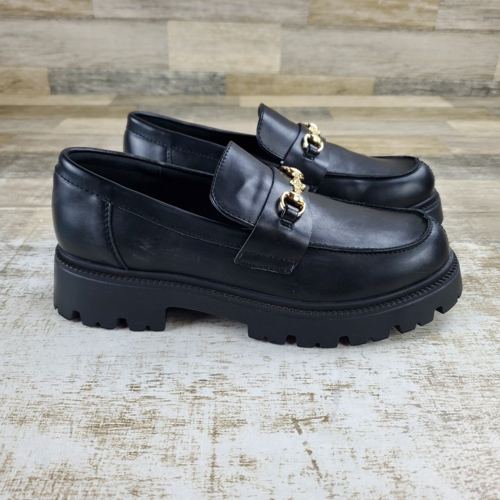 Steve Madden Levett Platform Loafers Shoes Sz 9.5 M Black Leather Slip On